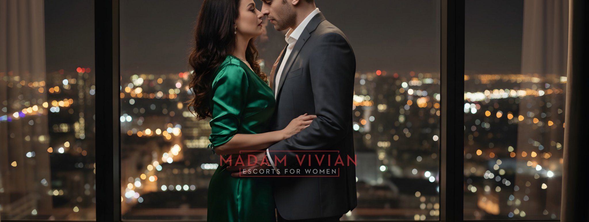 Romantic couple overlooking Melbourne at night in a refined luxury setting.